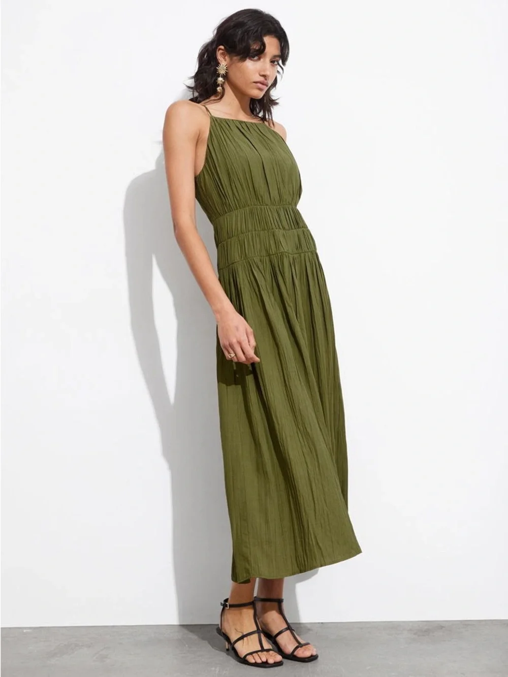 & Other Stories Olive Green Shirred Sleeveless Midi Dress NWT Size 8
